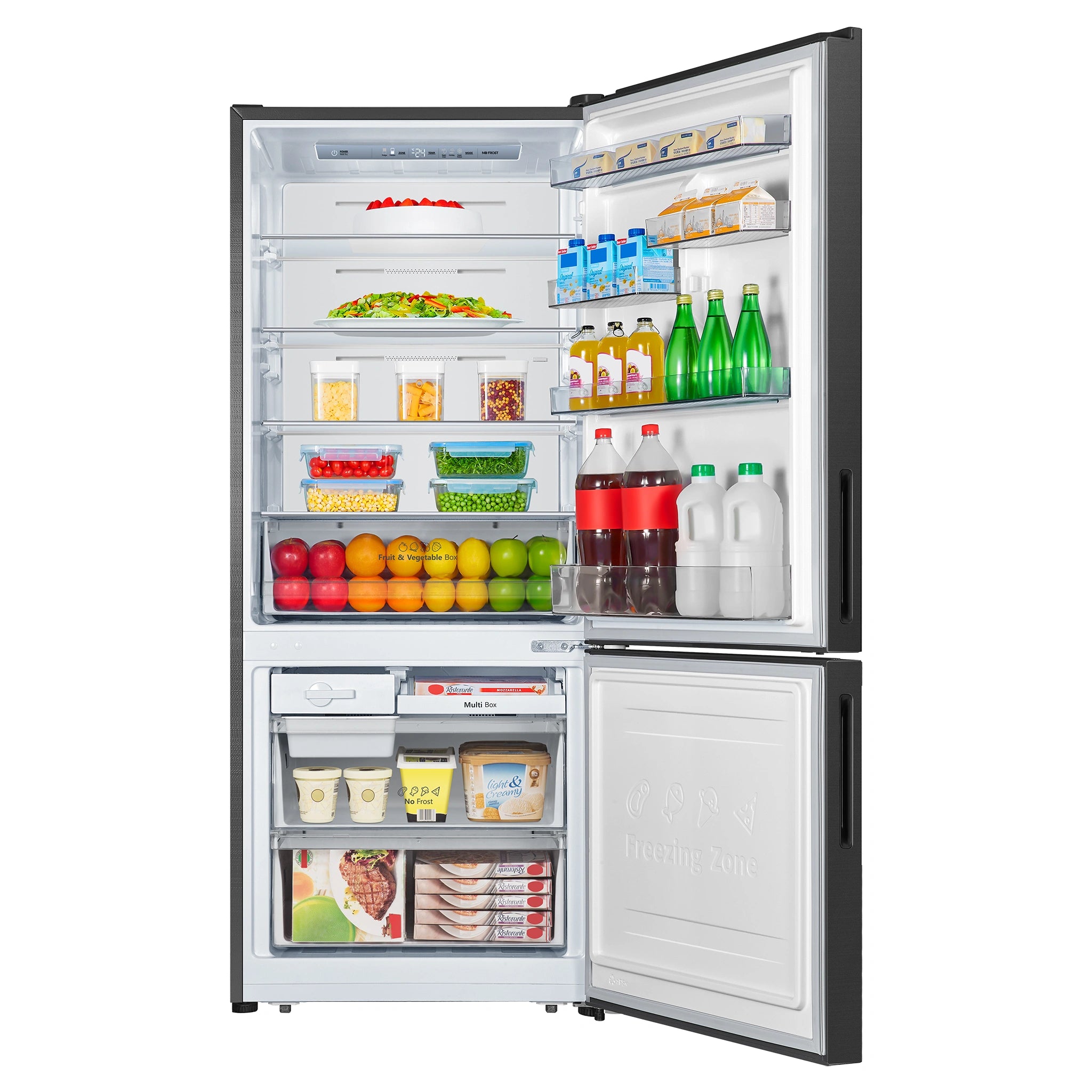 Hisense 417L Bottom Mount Fridge Black Steel HRBM418B, Front View With Door Open Storages