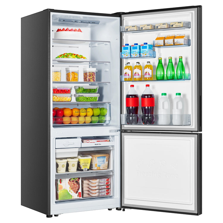 Hisense 417L Bottom Mount Fridge Black Steel HRBM418B, Left Side View With Door Open Storages