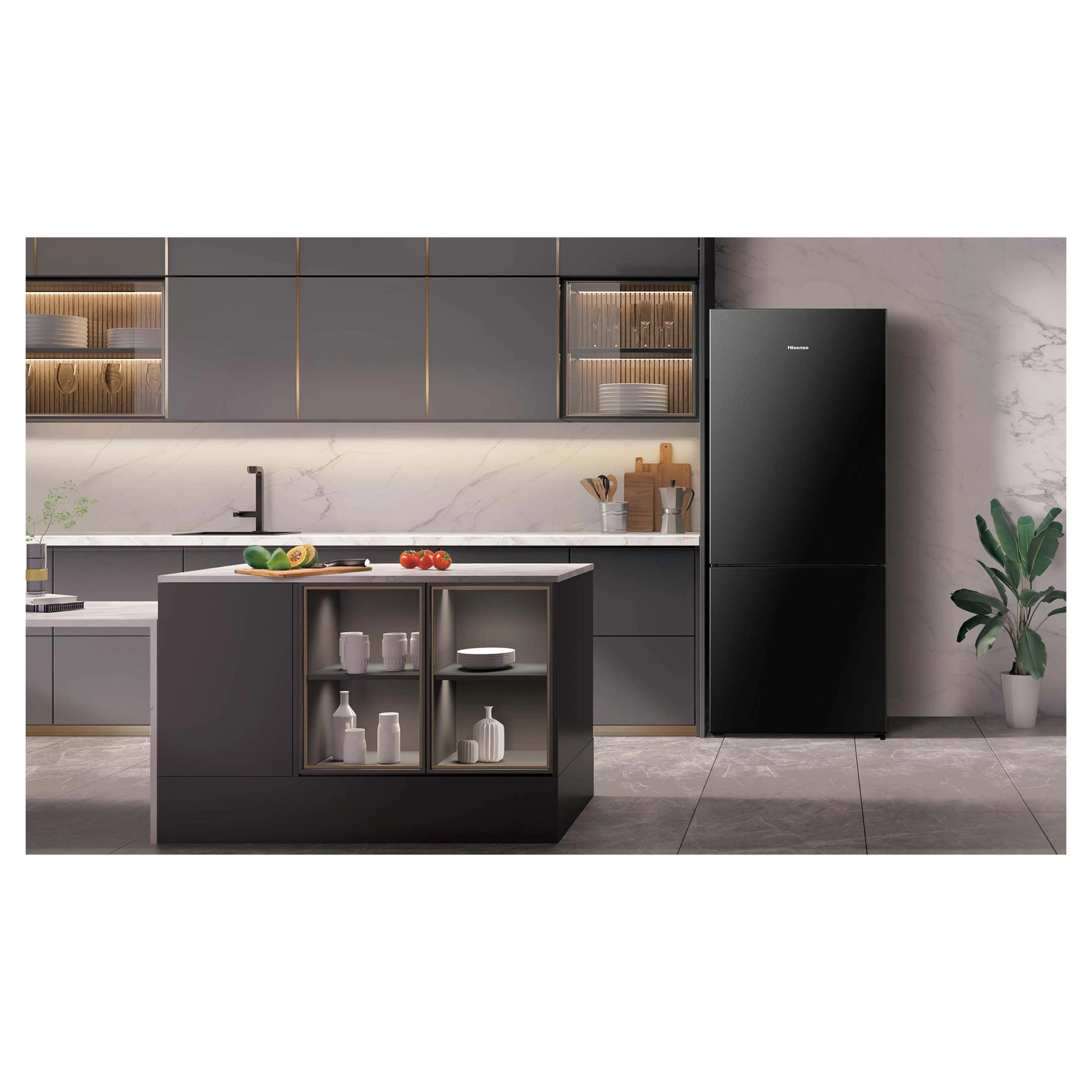 Hisense 417L Bottom Mount Fridge Black Steel HRBM418B, Lifestyle View