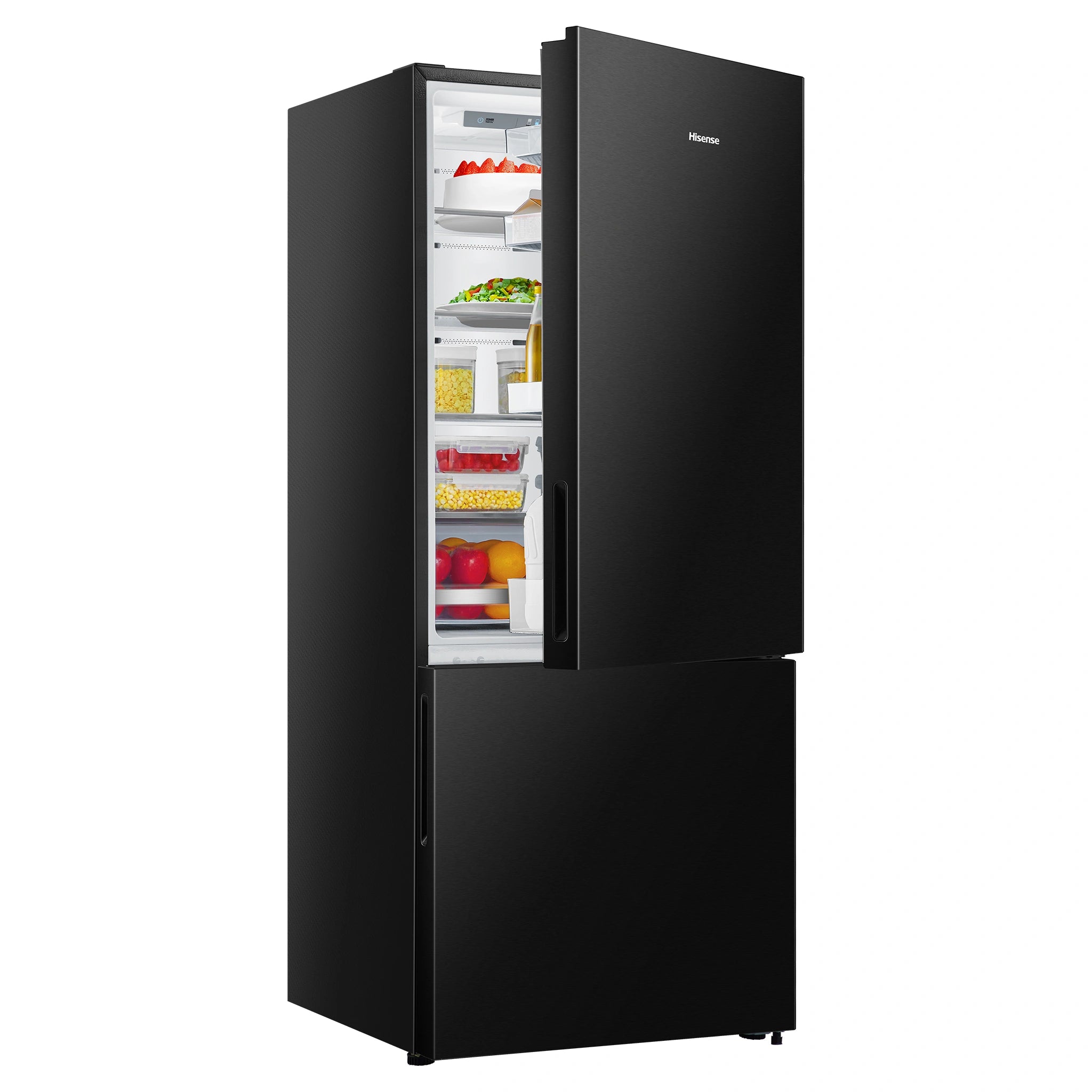 Hisense 417L Bottom Mount Fridge Black Steel HRBM418B, Top Half Door Open New
