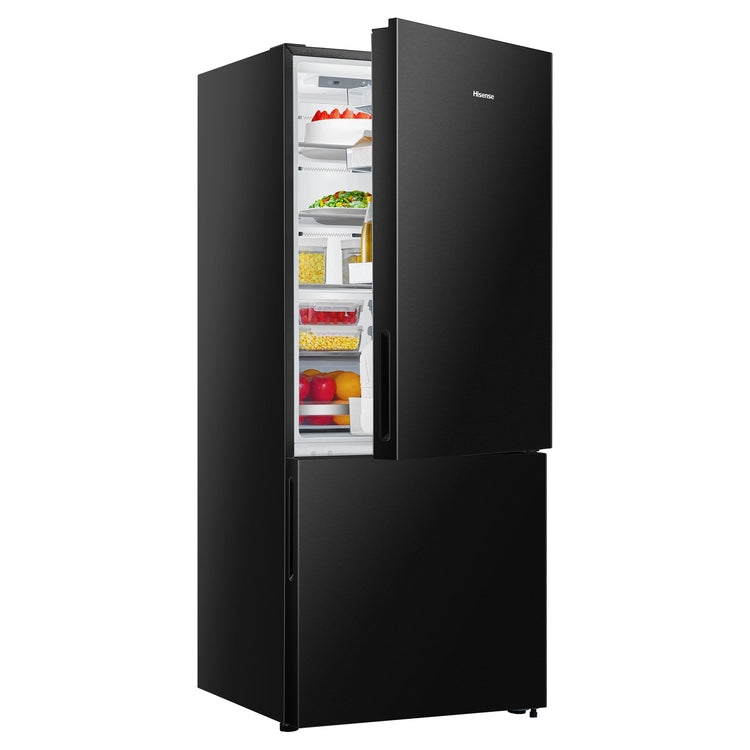 Hisense 417L Bottom Mount Fridge Black Steel HRBM418B, Top Half Door Open New