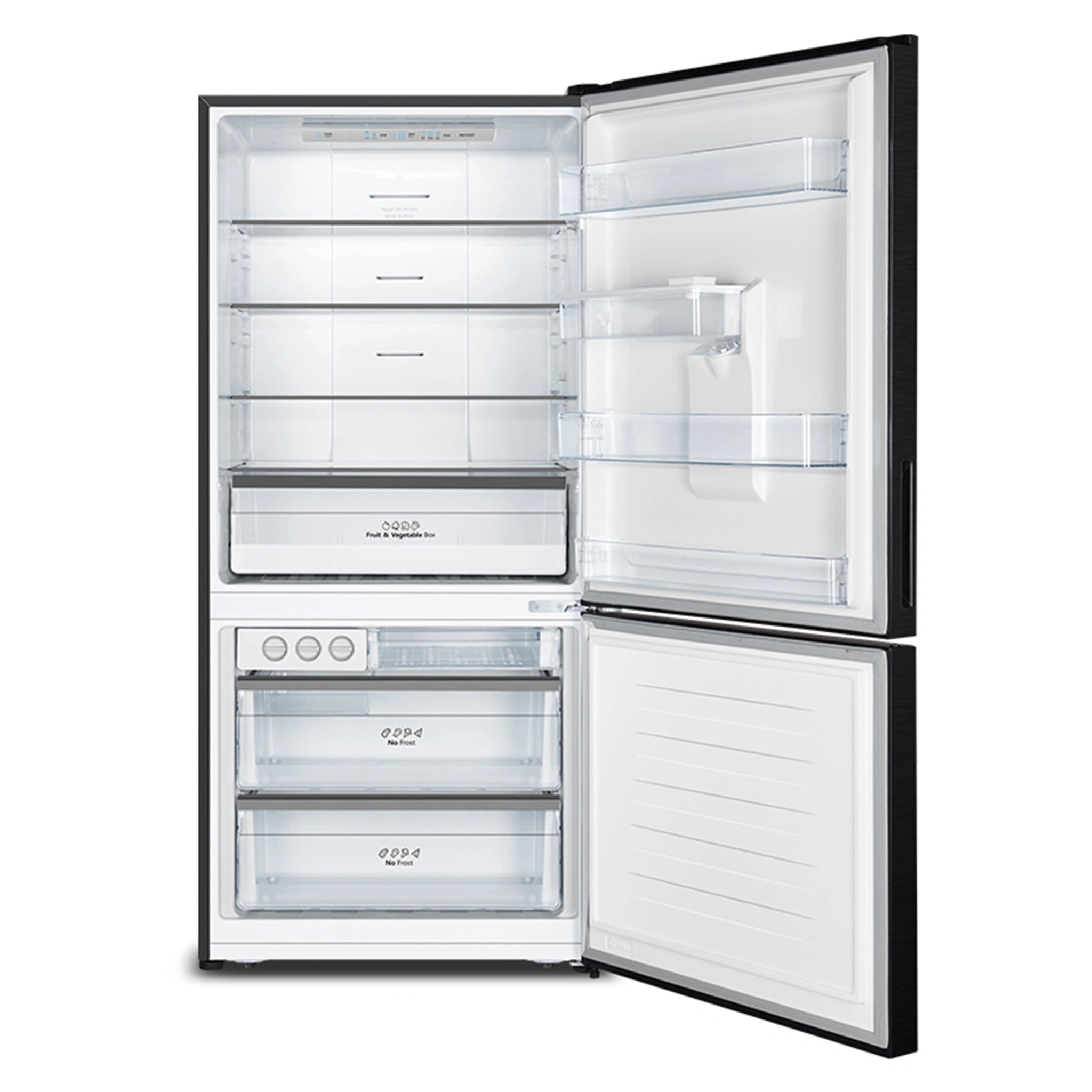 Hisense 482L Bottom Mount Fridge Black Steel HRBM482BW, Front View With Door Open