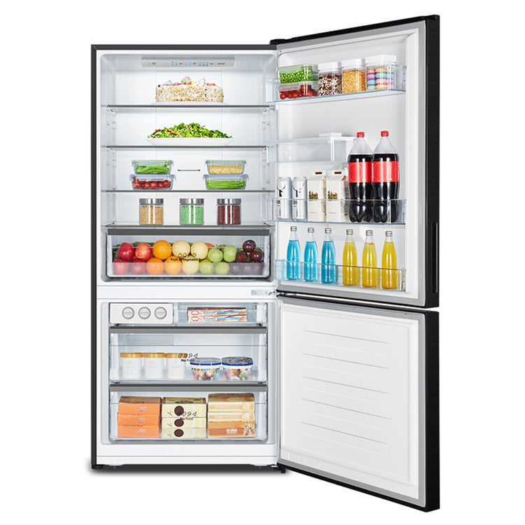 Hisense 482L Bottom Mount Fridge Black Steel HRBM482BW, Front View With Door Open Storages