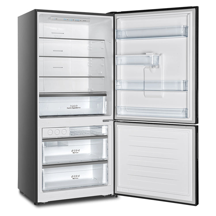 Hisense 482L Bottom Mount Fridge Black Steel HRBM482BW, Left Side View With Door Open