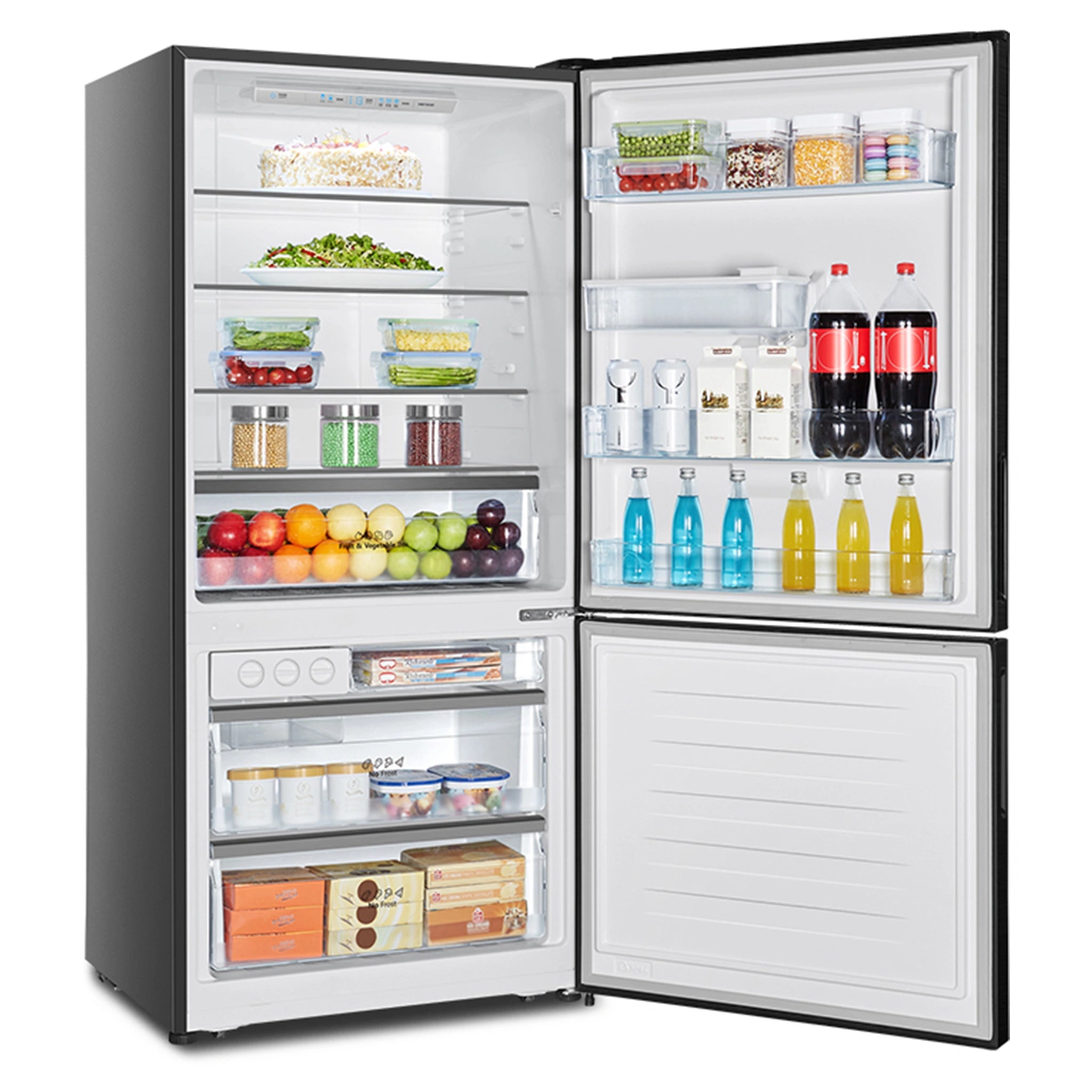 Hisense 482L Bottom Mount Fridge Black Steel HRBM482BW, Left Side View With Door Open Storages