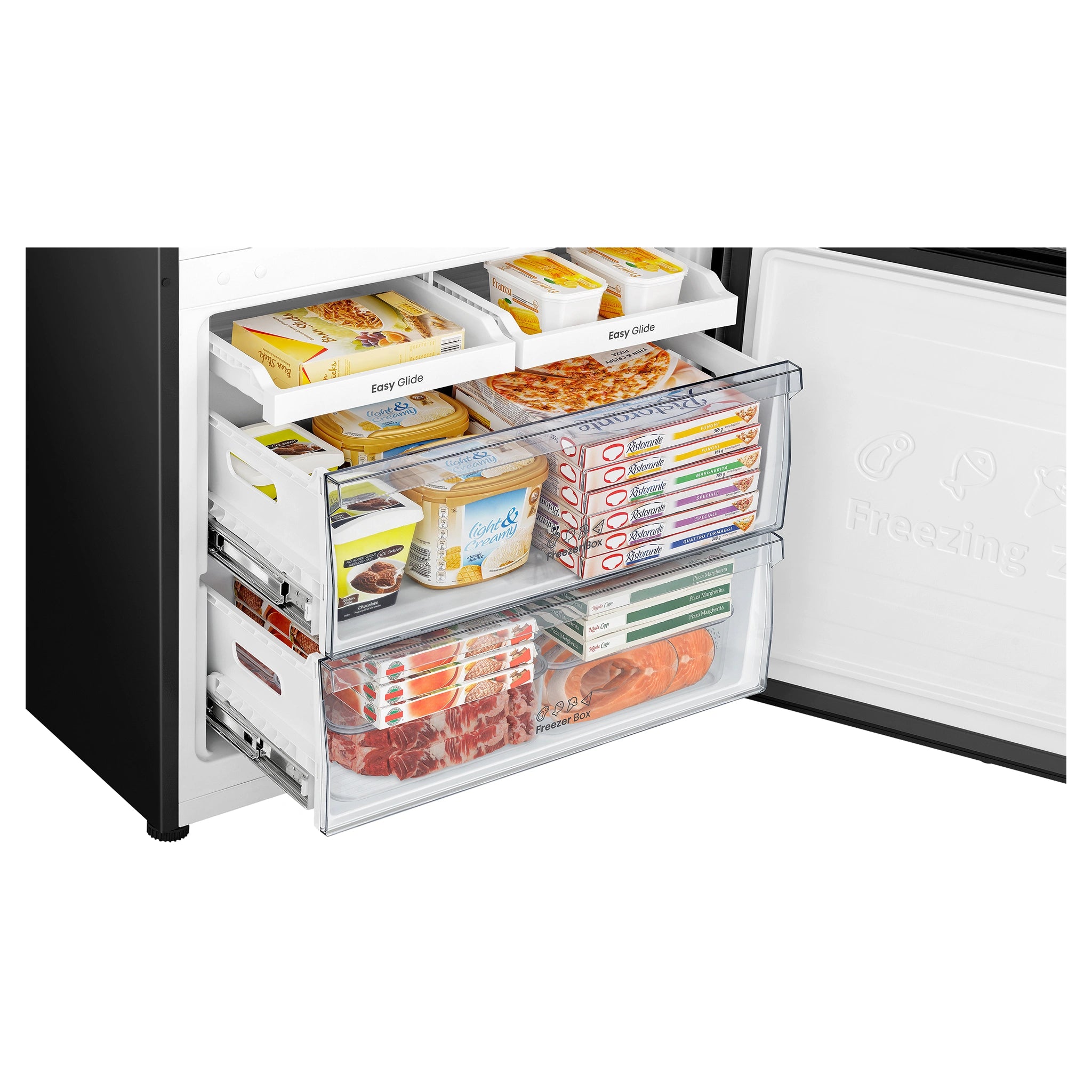 Hisense 500L PureFlat Bottom-Mount Fridge Dark Steel HRBM500TBW, Drawers Open View