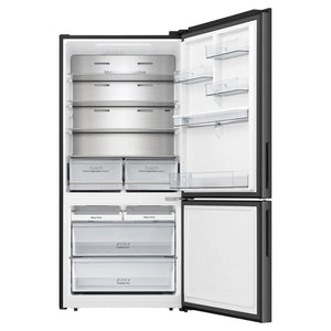 Hisense 500L PureFlat Bottom-Mount Fridge Dark Steel HRBM500TBW, Front View With Door Open
