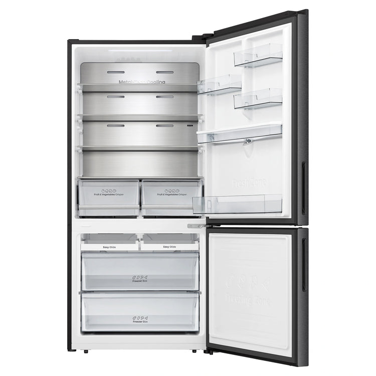 Hisense 500L PureFlat Bottom-Mount Fridge Dark Steel HRBM500TBW, Front View With Door Open