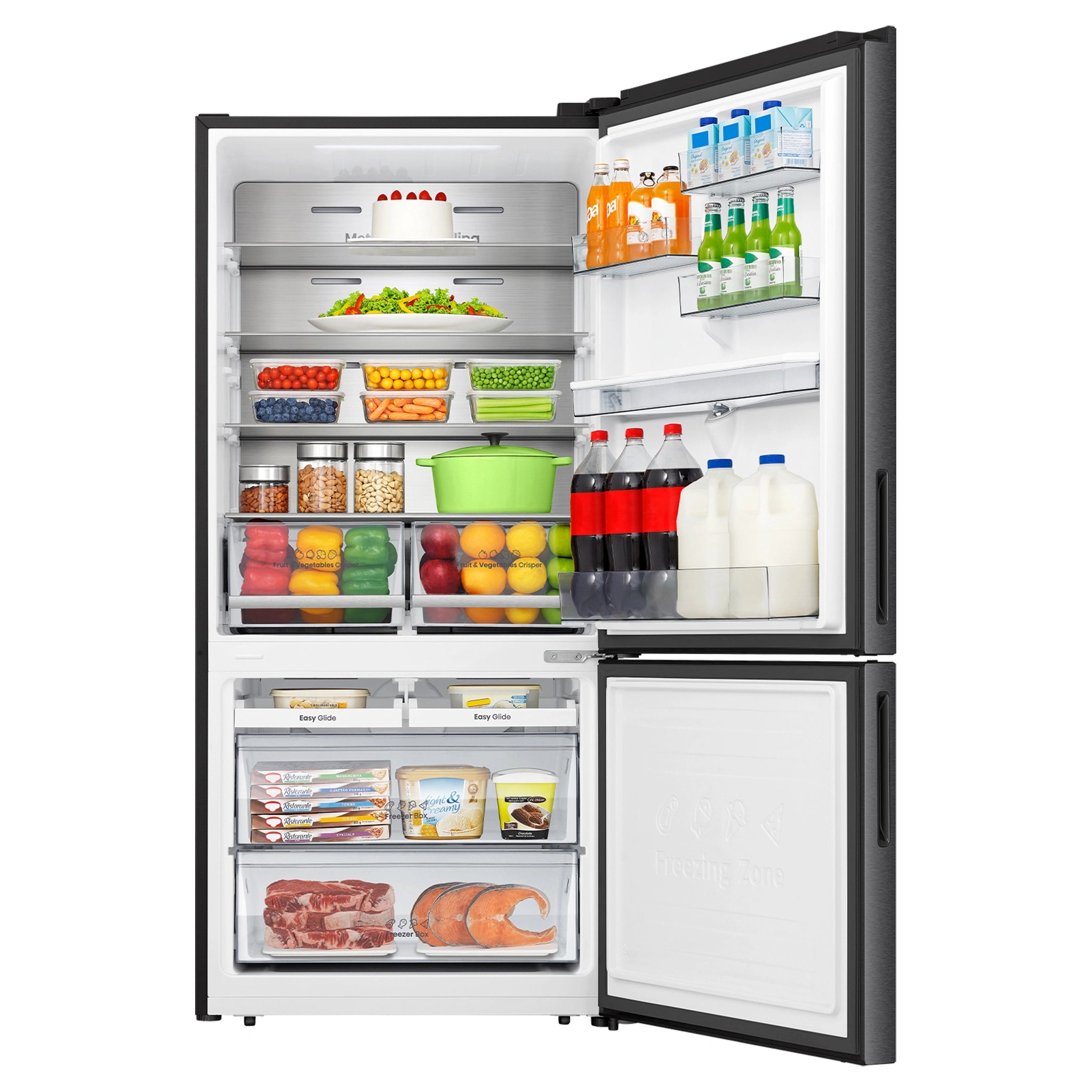 Hisense 500L PureFlat Bottom-Mount Fridge Dark Steel HRBM500TBW, Front View With Door Open Storages