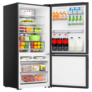 Hisense 500L PureFlat Bottom-Mount Fridge Dark Steel HRBM500TBW, Left Side View With Door Open Storages