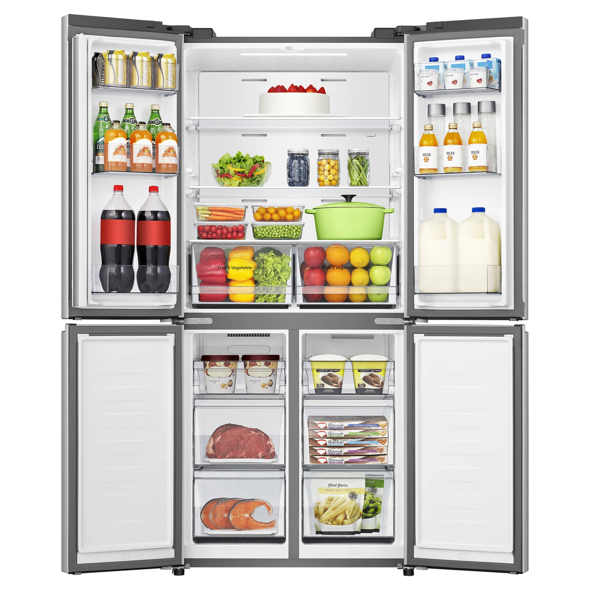 Hisense 483L PureFlat Slim French Door White HRCD483G, Front Double Door Open View Storages