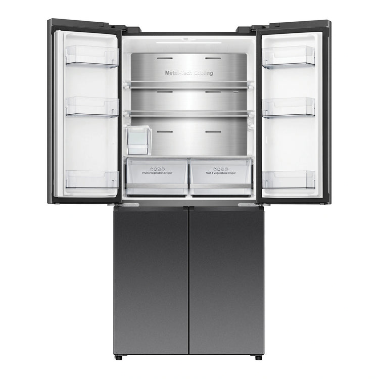 Hisense 483L PureFlat Slim French Door - Dark Steel HRCD483TBW, Front View Top Door Open