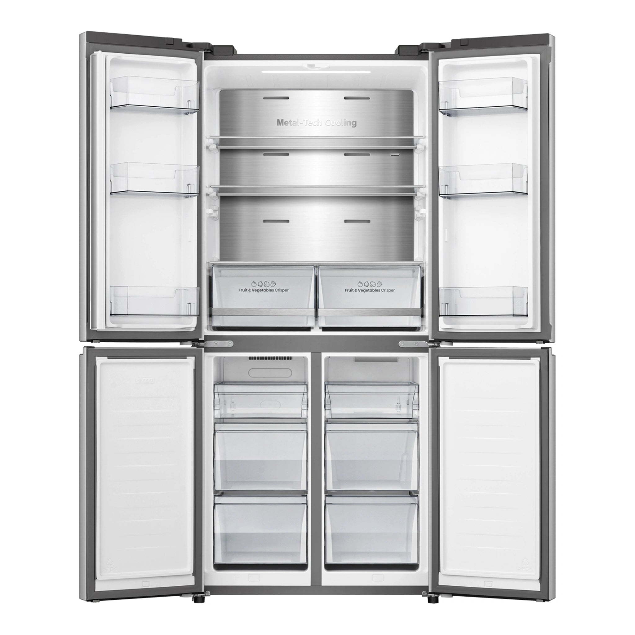 Hisense 483L PureFlat Slim French Door - True Steel HRCD483TS, Front View with All Doors Open