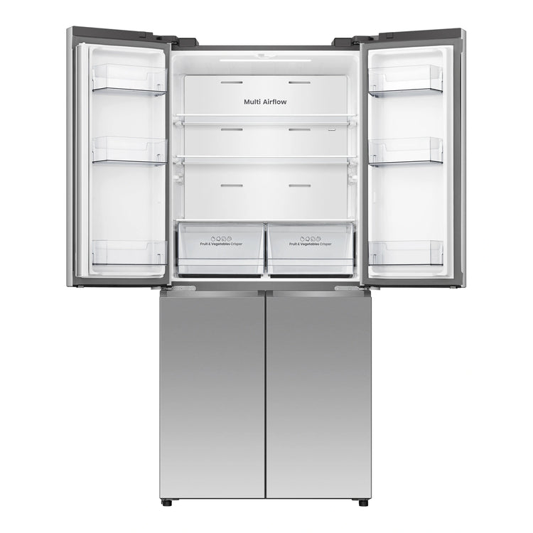 Hisense 483L PureFlat Slim French Door - True Steel HRCD483TS, Front View with Top Door Open