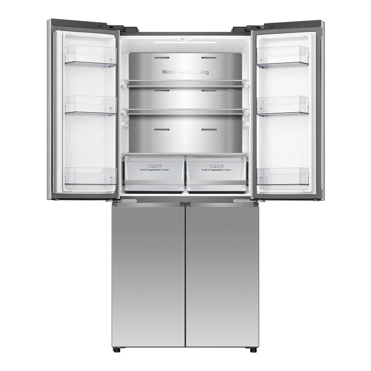 Hisense 483L PureFlat Slim French Door - True Steel HRCD483TS, Front View with Top Door Open