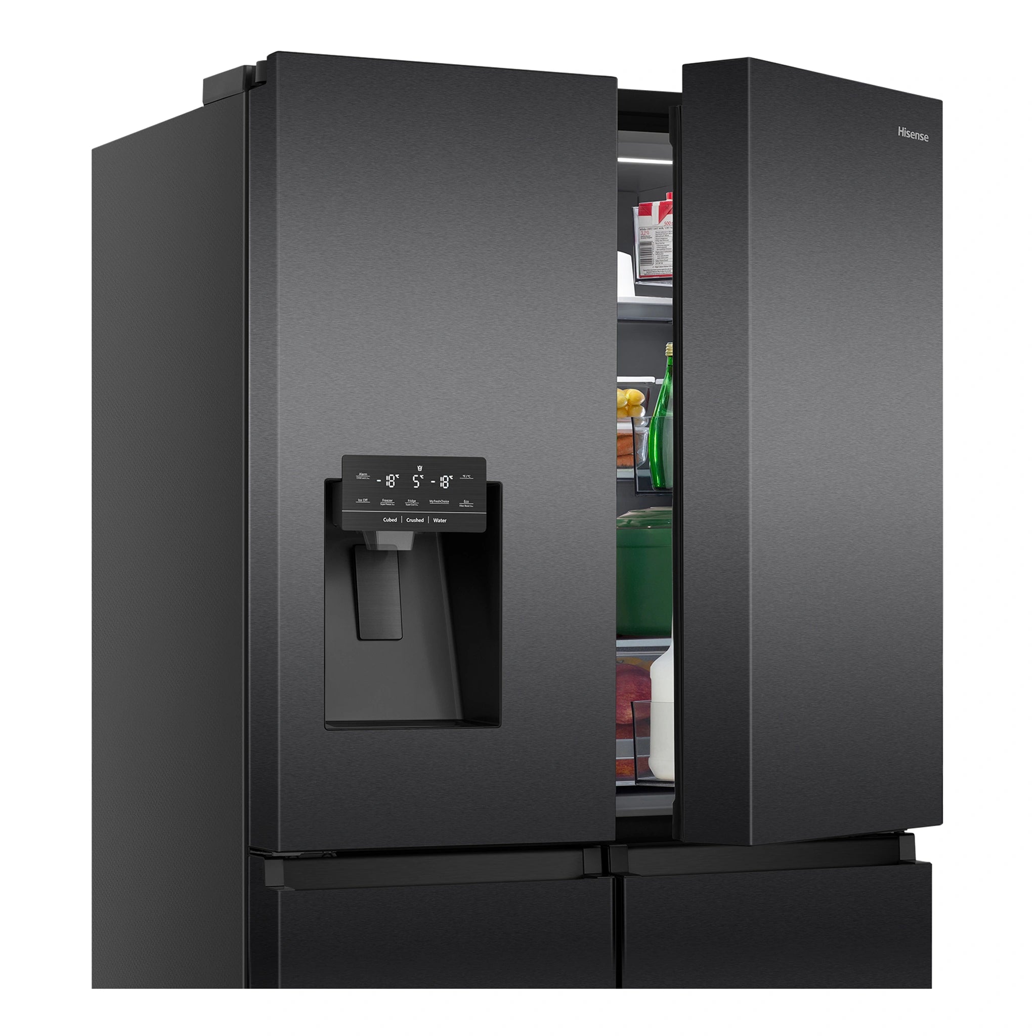 Hisense 585L PureFlat - Eclipse Dark Steel HRCD586TBWB, Front View With Top Right Door Open