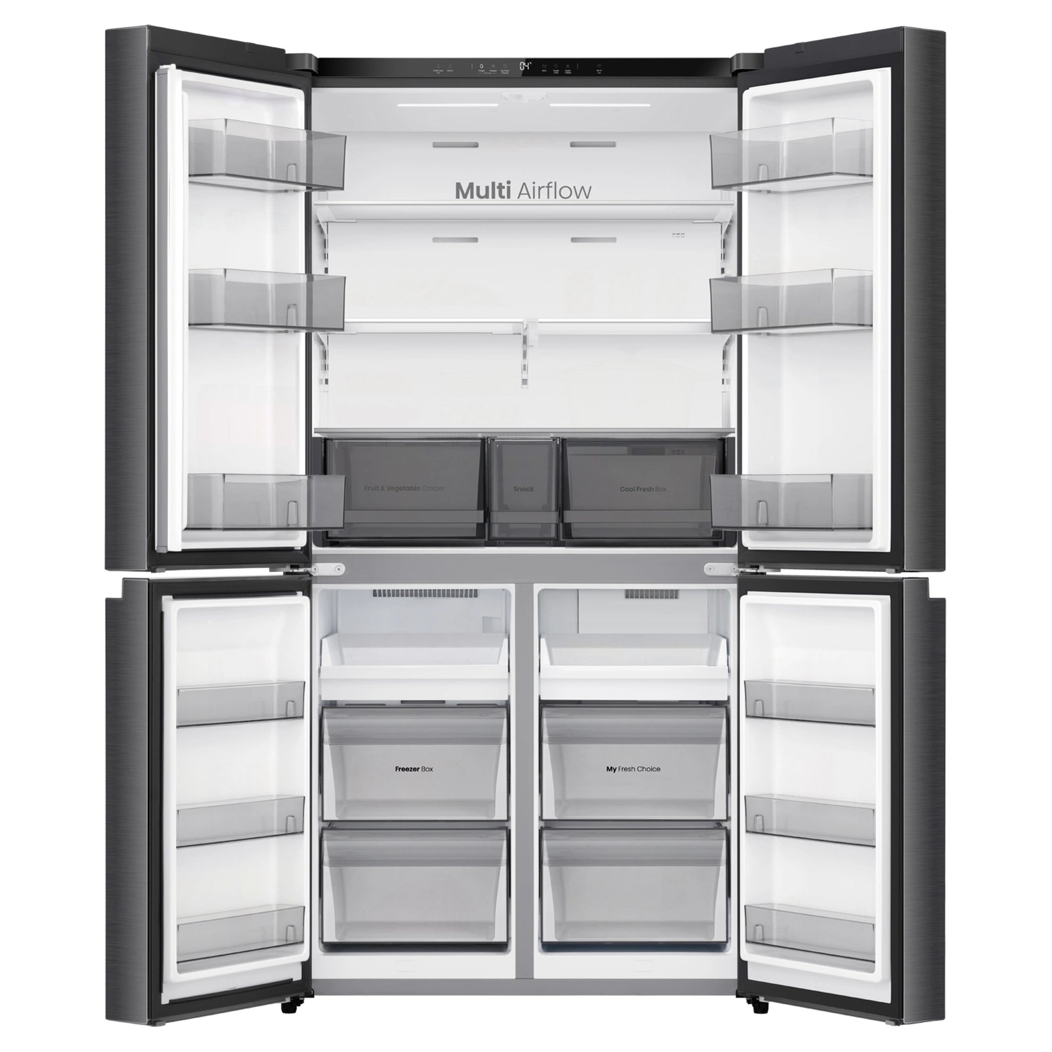 Hisense 647L PureFlex French Door Refrigerator - Dark Stainless Steel HRCD640TB, Front View With Double Door Open View