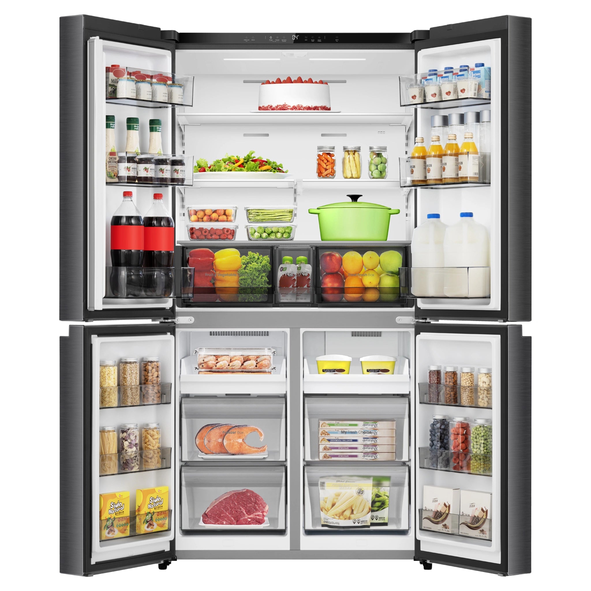 Hisense 647L PureFlex French Door Refrigerator - Dark Stainless Steel HRCD640TB, Front View With Double Door Open View With Storages