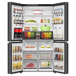 Hisense 647L PureFlex French Door Refrigerator - Dark Stainless Steel HRCD640TB, Front View With Double Door Open View With Storages