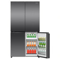 Hisense 647L PureFlex French Door Refrigerator - Dark Stainless Steel HRCD640TB, Front View With Single Right Sided Freezer Door Open View With Storages