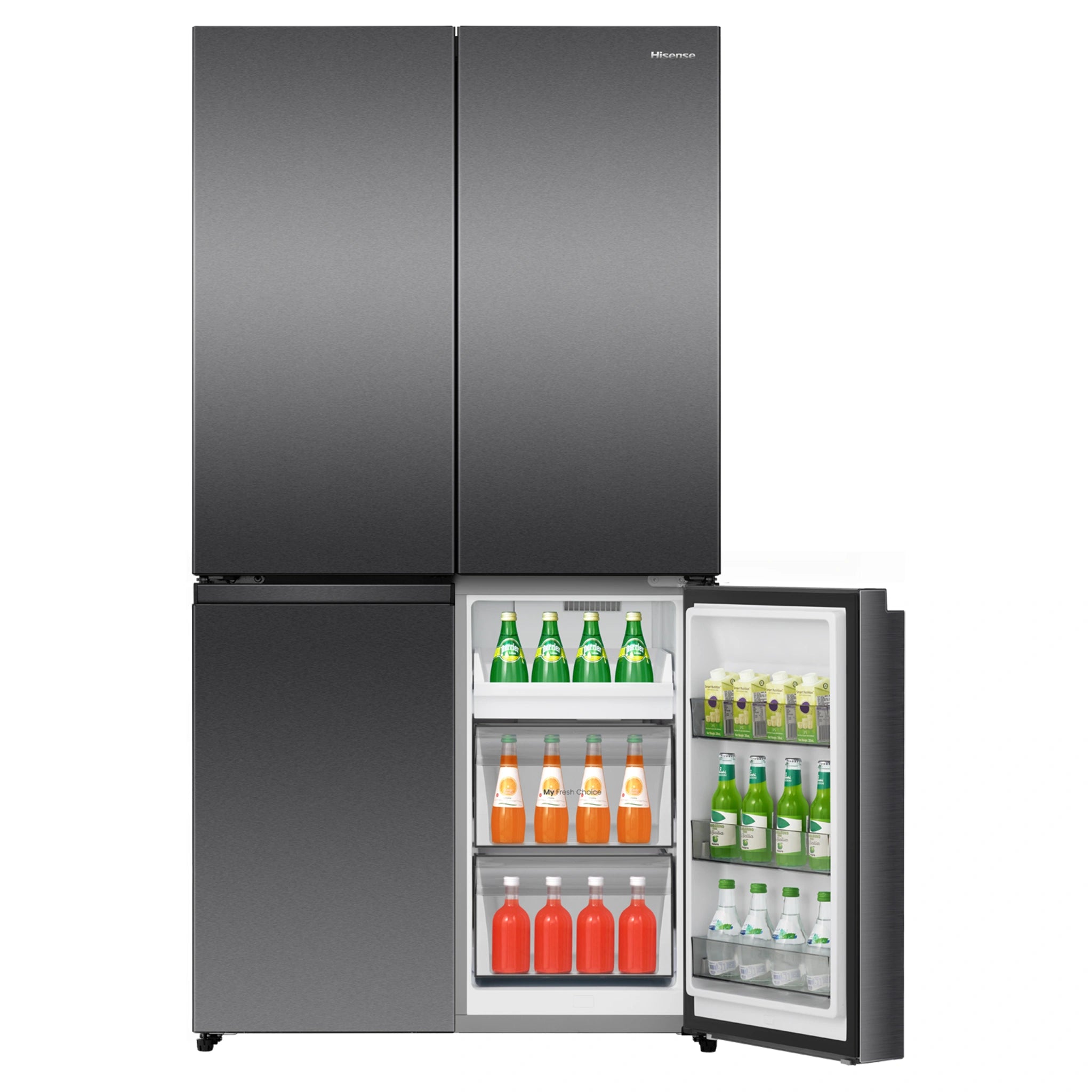 Hisense 647L PureFlex French Door Refrigerator - Dark Stainless Steel HRCD640TB, Front View With Single Right Sided Freezer Door Open View With Storages
