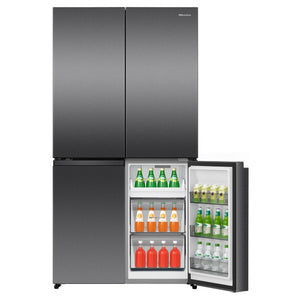 Hisense 647L PureFlex French Door Refrigerator - Dark Stainless Steel HRCD640TB, Front View With Single Right Sided Freezer Door Open View With Storages