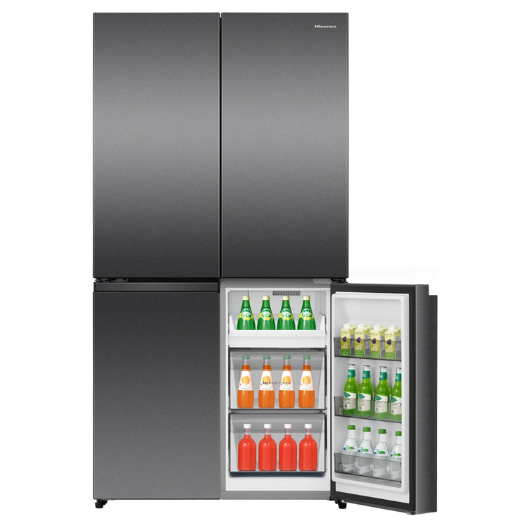 Hisense 647L PureFlex French Door Refrigerator - Dark Stainless Steel HRCD640TB, Front View With Single Right Sided Freezer Door Open View With Storages
