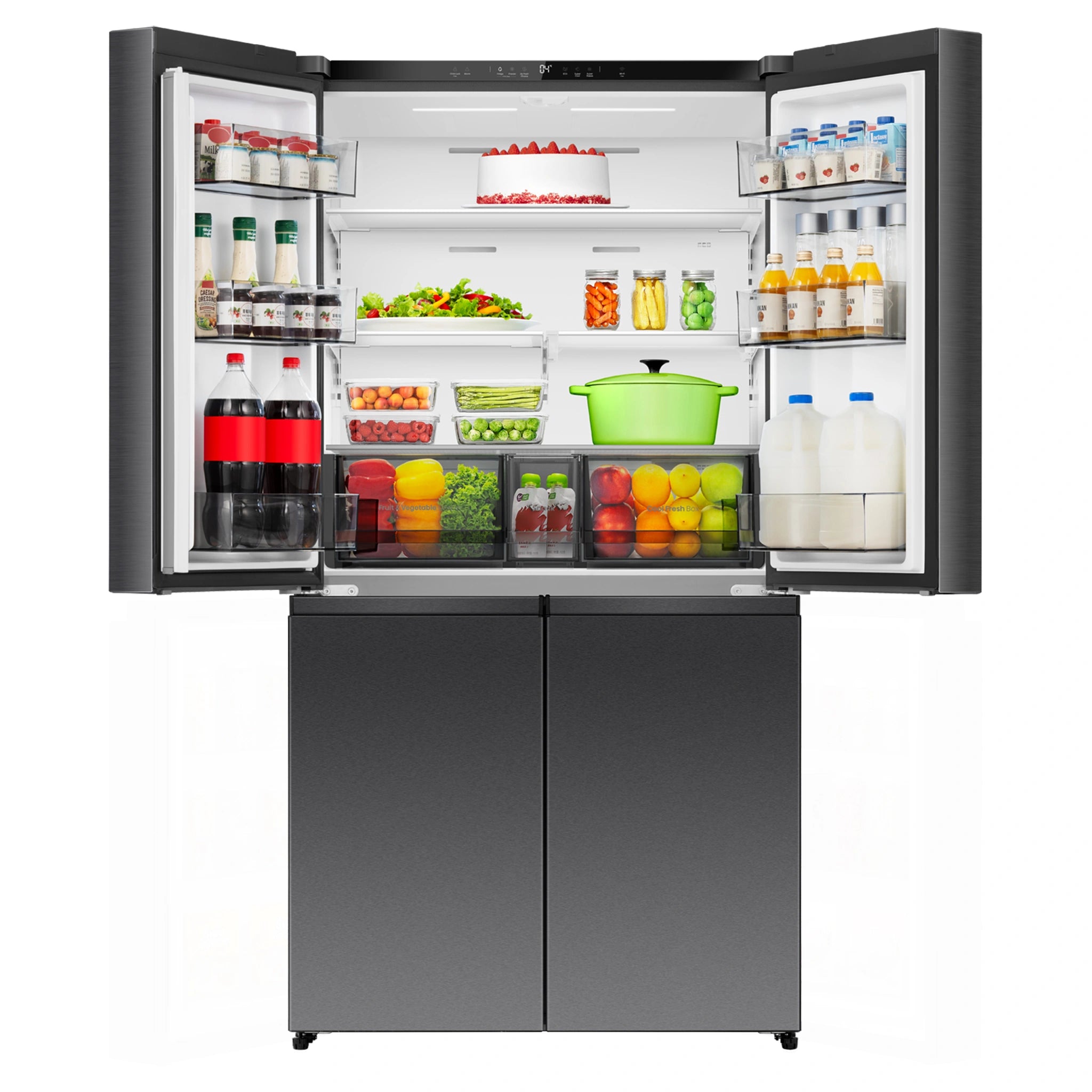 Hisense 647L PureFlex French Door Refrigerator - Dark Stainless Steel HRCD640TB, Front View With Upper Side Door Open View With Storages