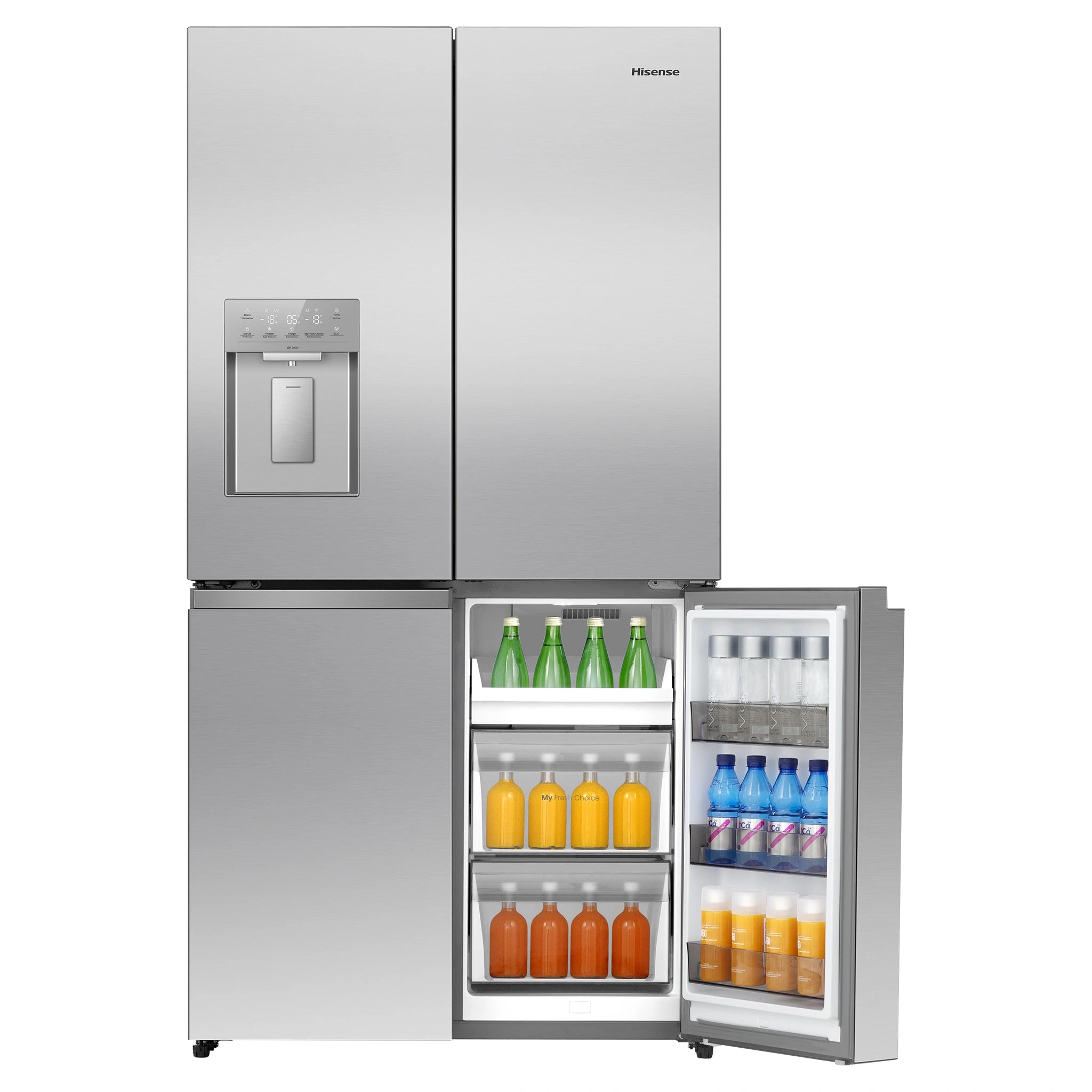 Hisense 640L Stainless Steel PureFlex French Door Fridge with Ice & Water Dispenser HRCD640TSW, Front View Lower Right Side Door Open View With Storages
