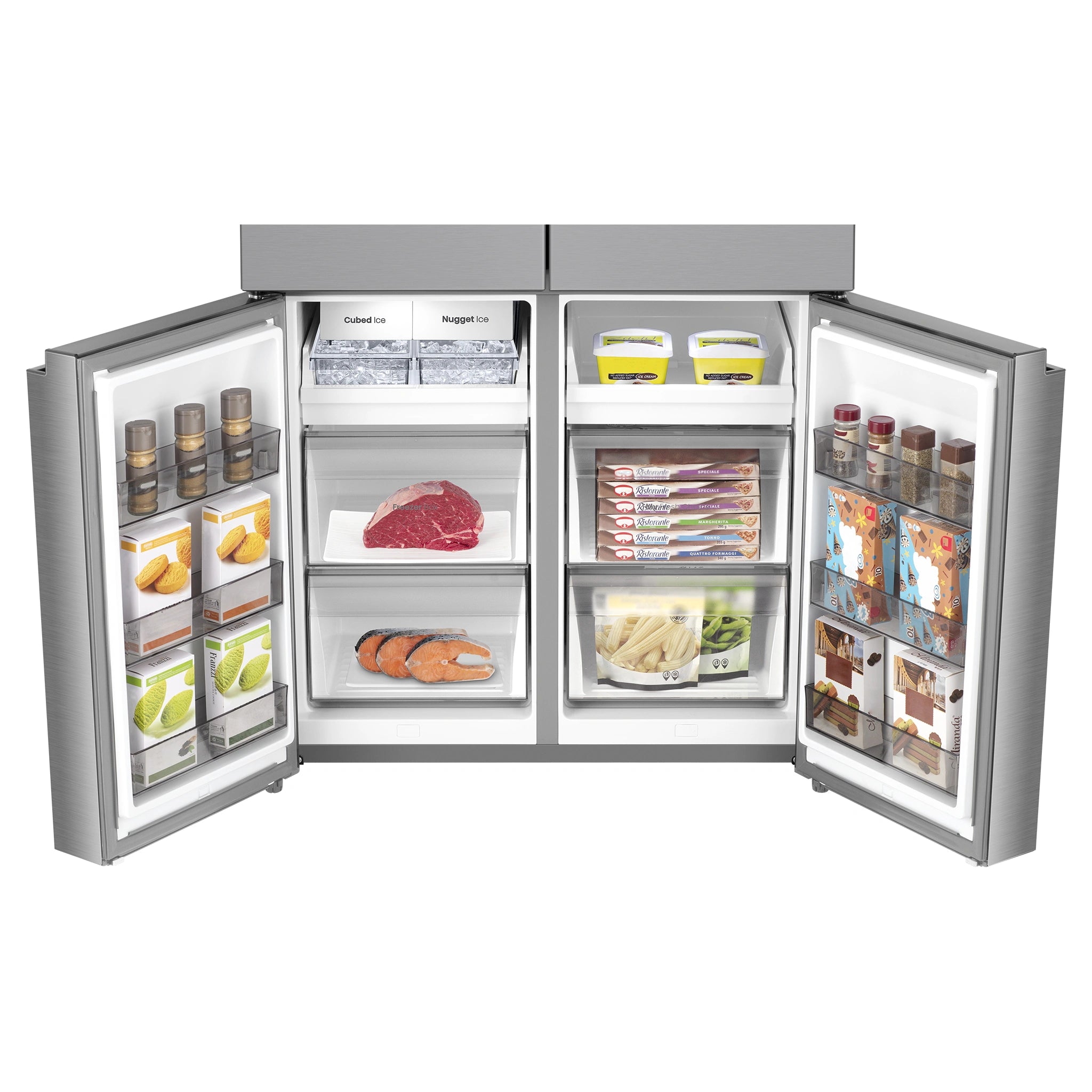 Hisense 640L Stainless Steel PureFlex French Door Fridge with Ice & Water Dispenser HRCD640TSW, Lower Door Open View With Storages