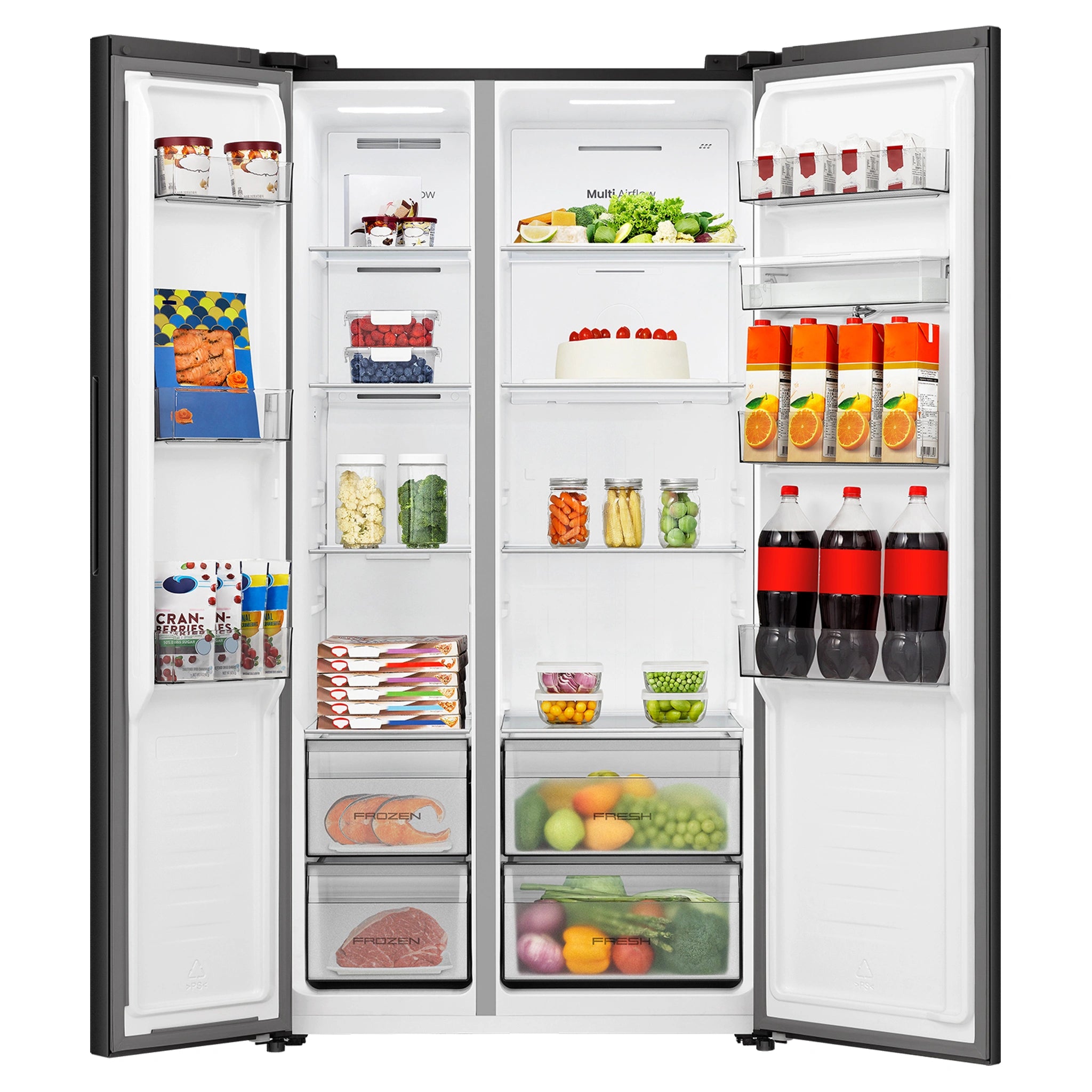Hisense 541L Black PureFlat Side by Side Refrigerator HRSBS540BW, Front Double Door Open View Storages
