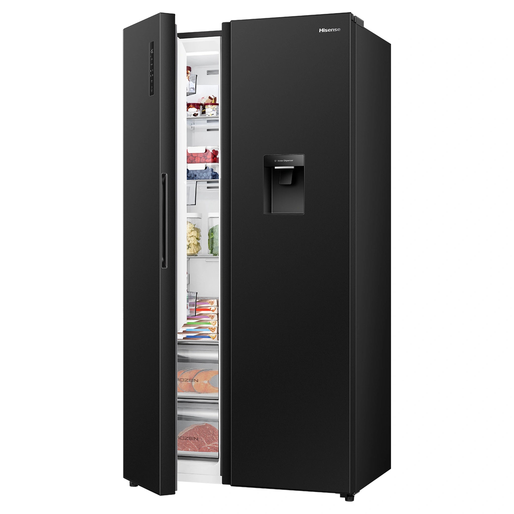 Hisense 541L Black PureFlat Side by Side Refrigerator HRSBS540BW, Left Side Half Door Open View Storages
