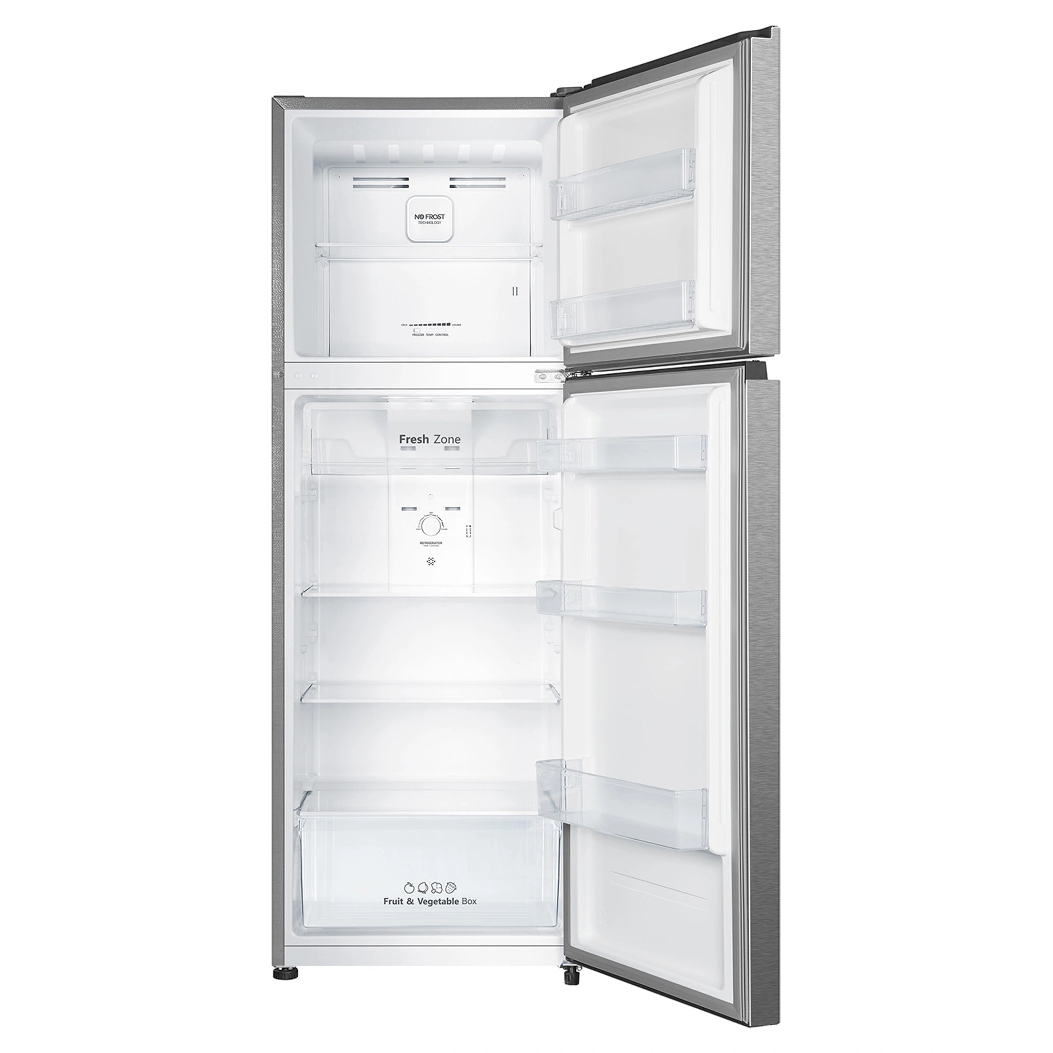 Hisense 326L Top Mount Fridge Silver HRTF325S, Front View With Door Open
