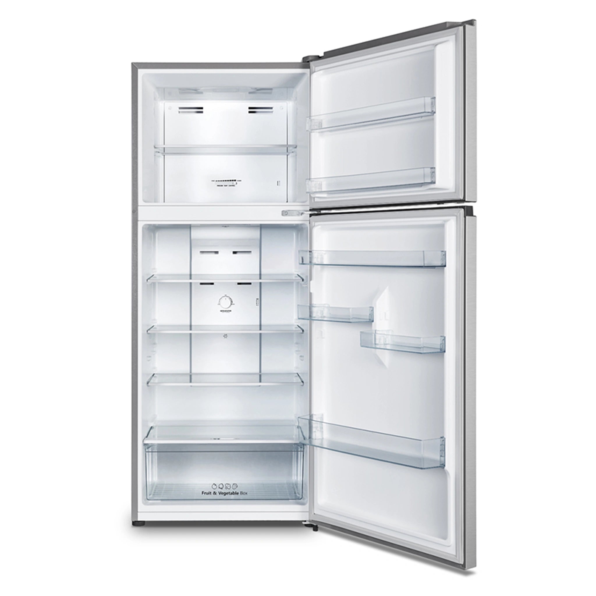 Hisense 424L Top Mount Fridge Silver HRTF424S, Front View With Door Open