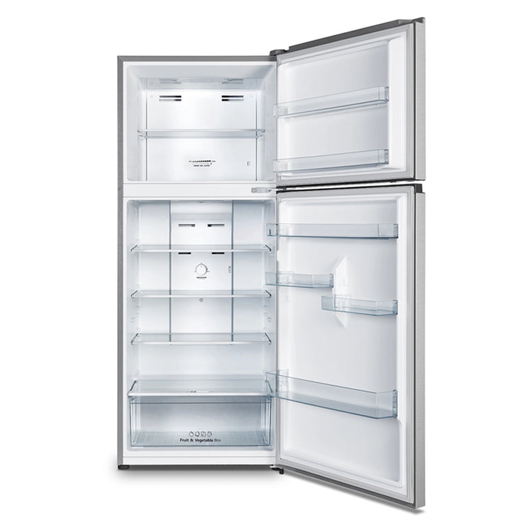 Hisense 424L Top Mount Fridge Silver HRTF424S, Front View With Door Open