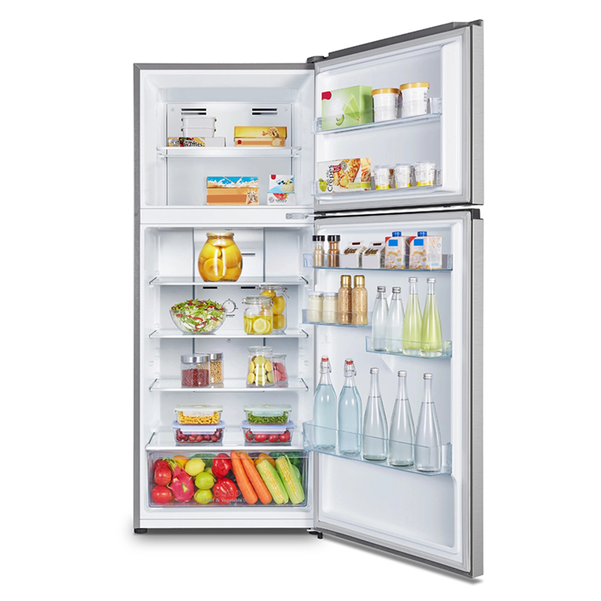 Hisense 424L Top Mount Fridge Silver HRTF424S, Front View With Door Open Storages