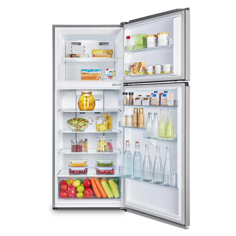 Hisense 424L Top Mount Fridge Silver HRTF424S, Front View With Door Open Storages
