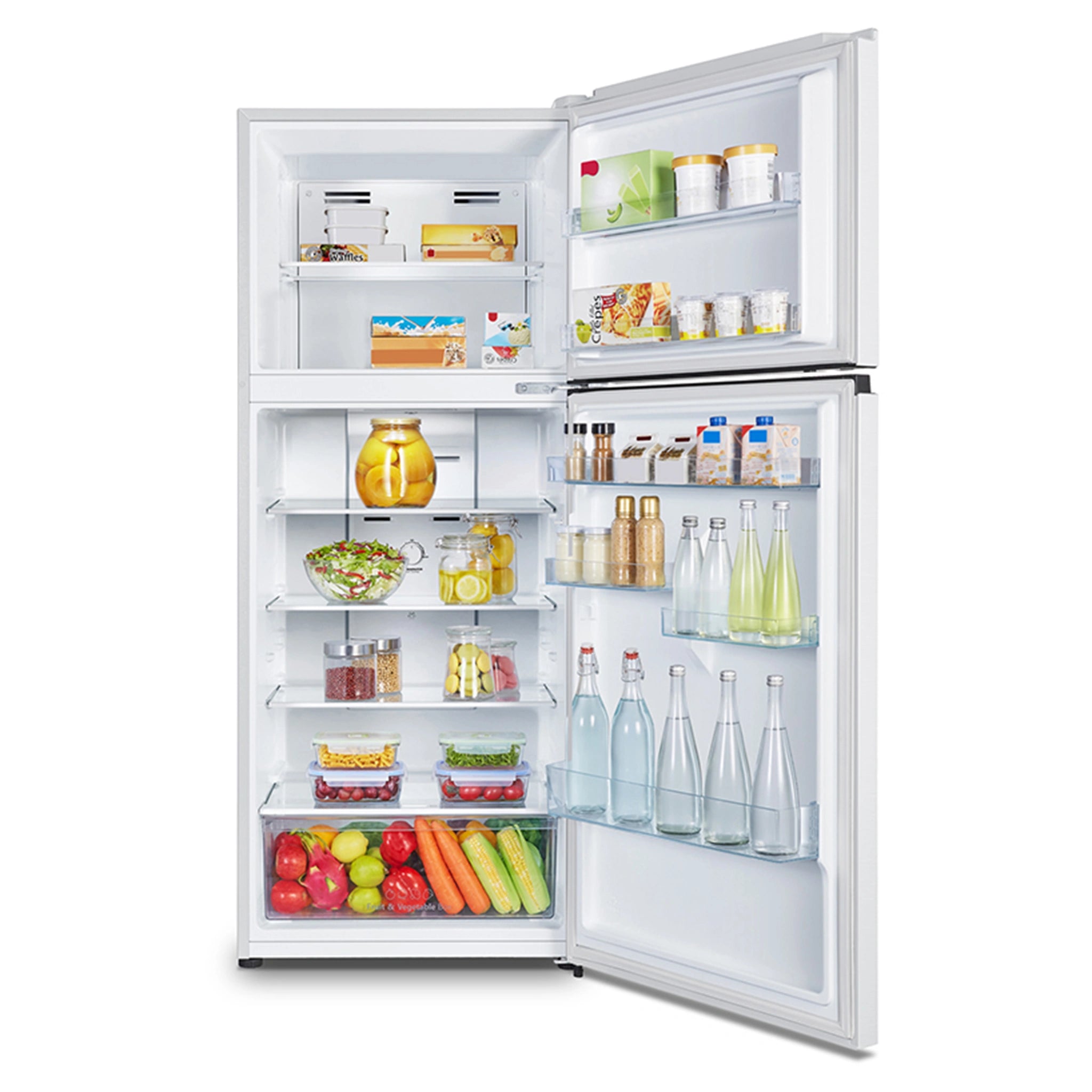 Hisense 424L Top Mount Fridge White HRTF424, Front View With Door Open Storages