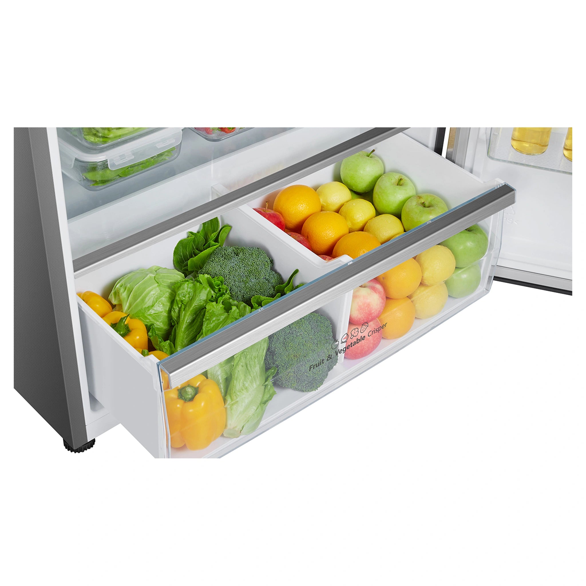 Hisense 496L Top Mount Fridge Stainless Steel HRTF496SW, Loaded Crisper View