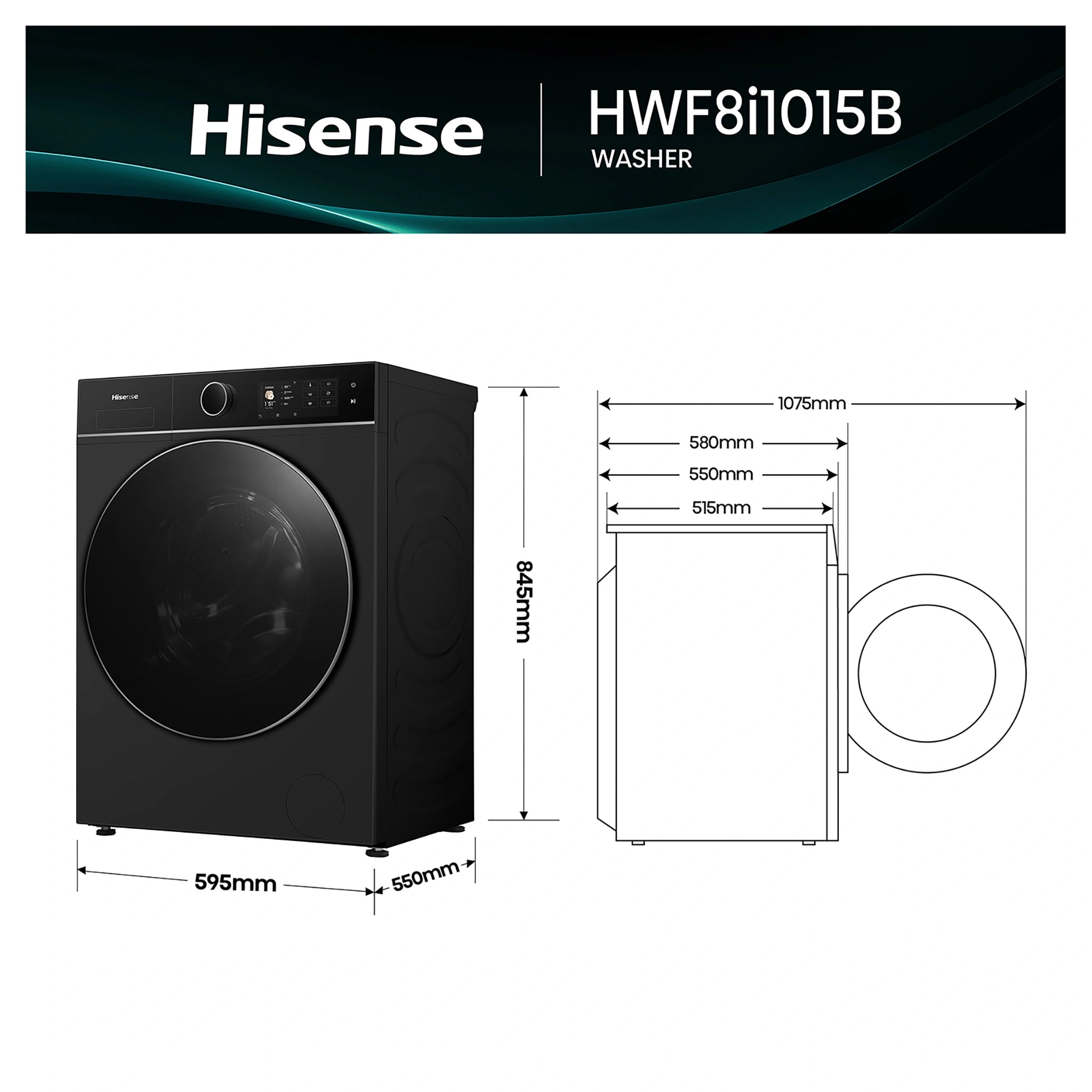 Hisense 10kg Series 8i Charcoal Black Front Load Washing Machine HWF8I1015BX, Dimensions View