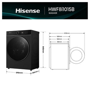 Hisense 10kg Series 8i Charcoal Black Front Load Washing Machine HWF8I1015BX, Dimensions View
