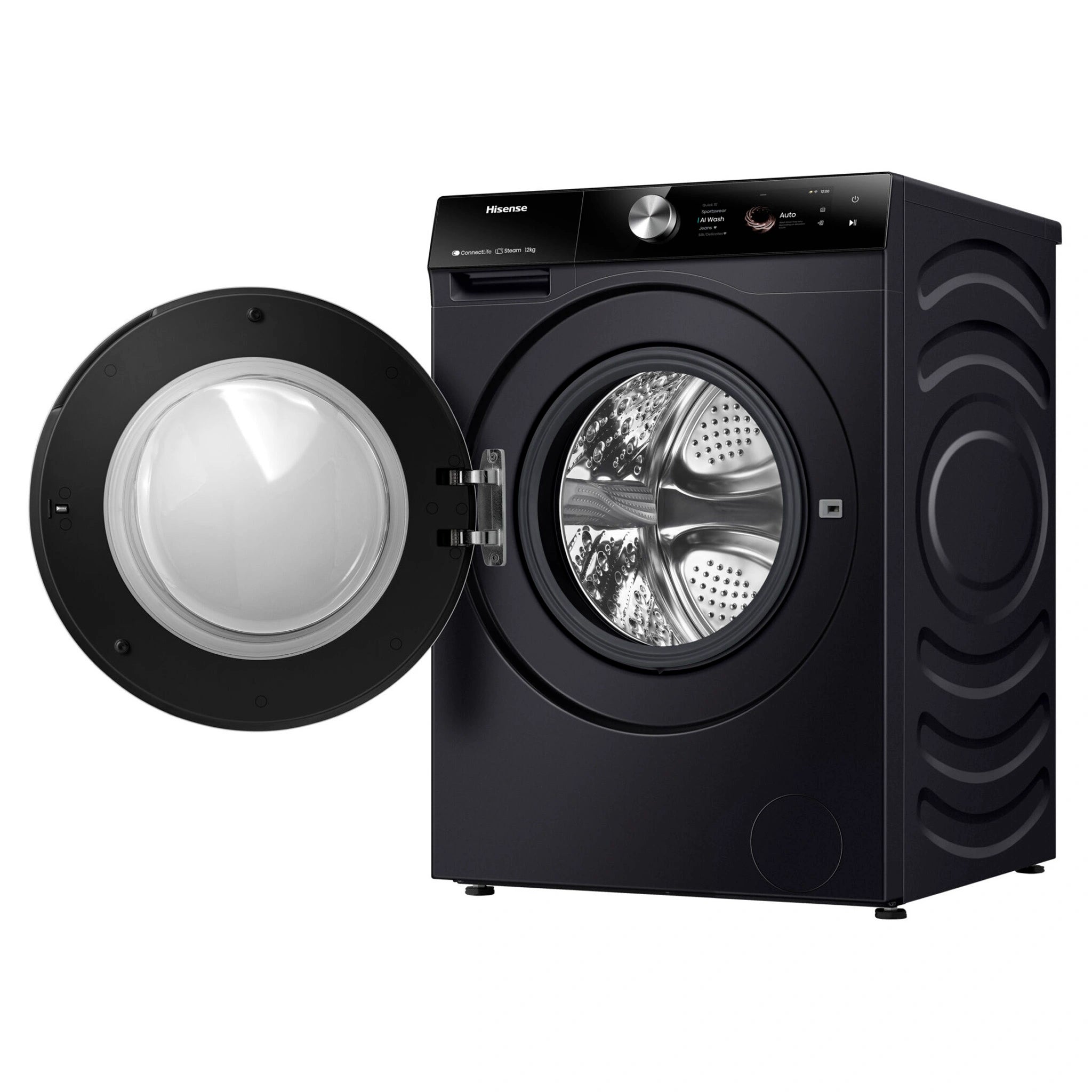 Hisense 12kg Series 9 Charcoal Black Front Load Washer HWF9S1214BX, Right Side Open Door View