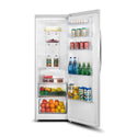 Hisense HR6AFF355D 355L Upright Fridge, Front view with door open, full of food items, bottles, and cans