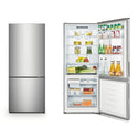 Hisense 453L Bottom Mount Fridge Silver HR6BMFF453S, Front view with doors open, full of food items, and bottles