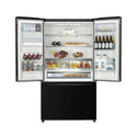 Hisense HR6FDFF630B 630L French Door Fridge Black, Top open, full of food items, and bottles