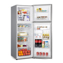 Hisense HR6TFF350S 350L Top Mount Fridge, Front right view with open doors, full of food items, and bottles