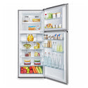 Hisense 460L Top Mount Fridge Silver HR6TFF459S, Front view with open doors, full of food items, and bottles