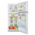 Hisense 459L Top Mount Fridge White HR6TFF459, Front view with open doors, full of food items, and bottles