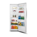 Hisense HRAF328 328L Upright Fridge, Front view with door open, full of food items and bottles