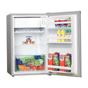 Hisense 120L Bar Fridge HRBF121S, Front right view with door open, full of food items, and bottles